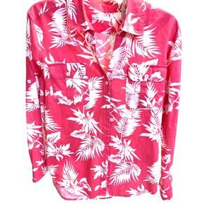 JAMAICA JAXX PINK LINEN PALM DESIGN LONG SLEEVE POCKET BUTTON UP SHIRT WOMEN MED